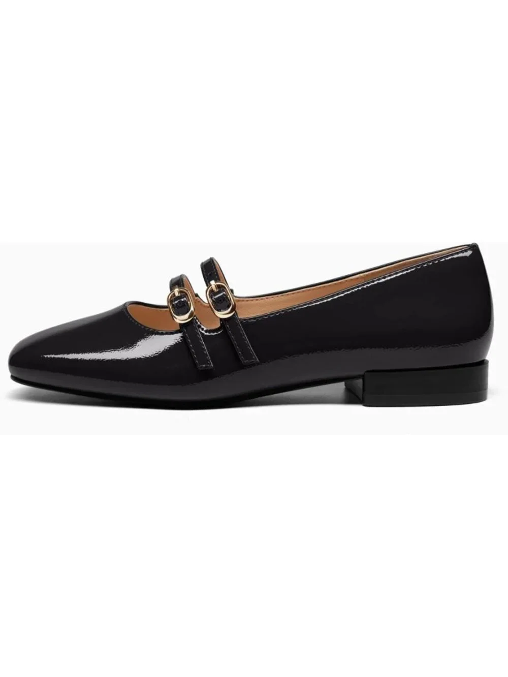 Women's Black Faux Leather Square Toe Ballet Flats Double Strap Slip On Shoes